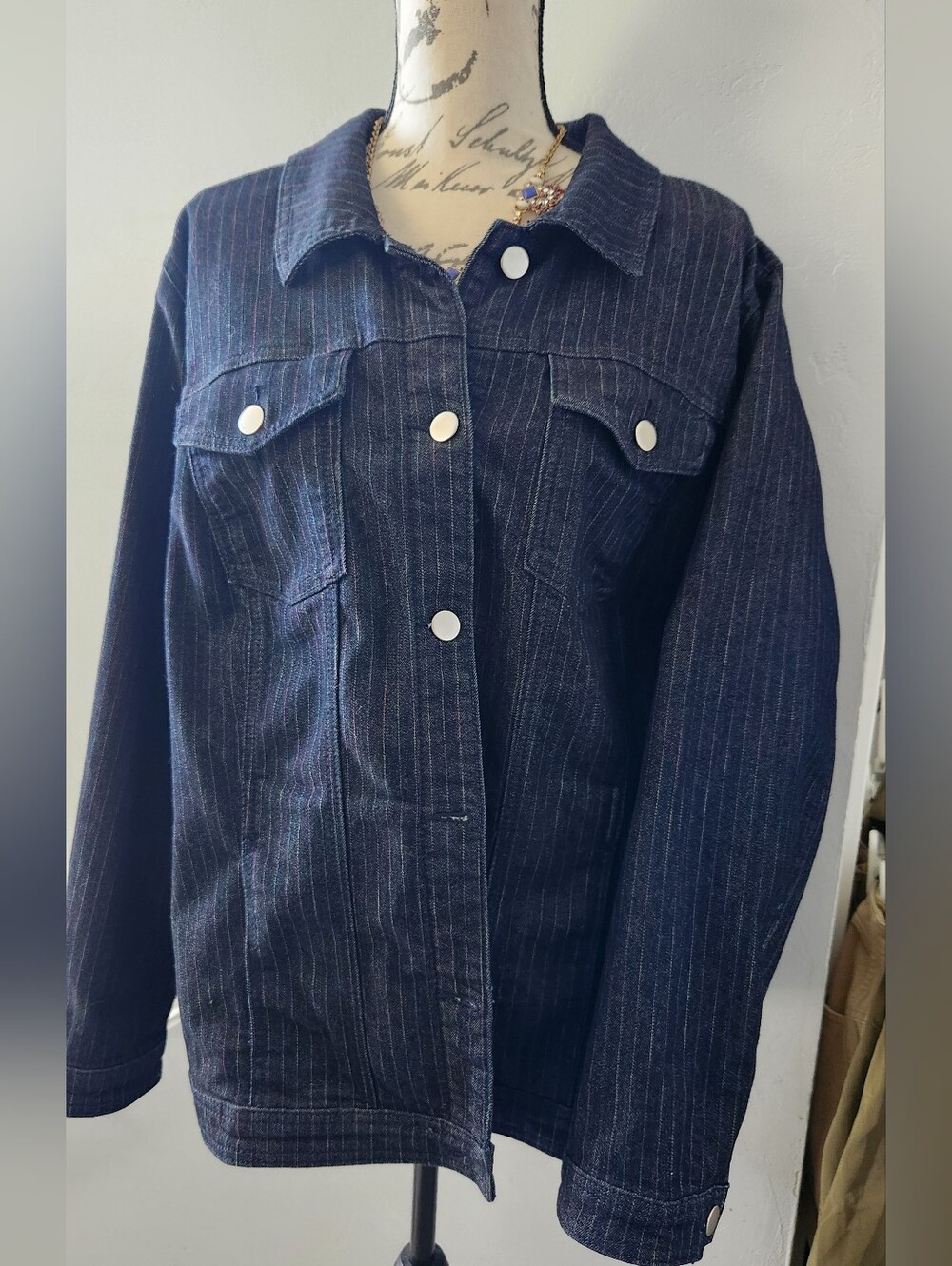 CJ Banks 2X Denim Rainbow Pinstripe Button Down Jacket